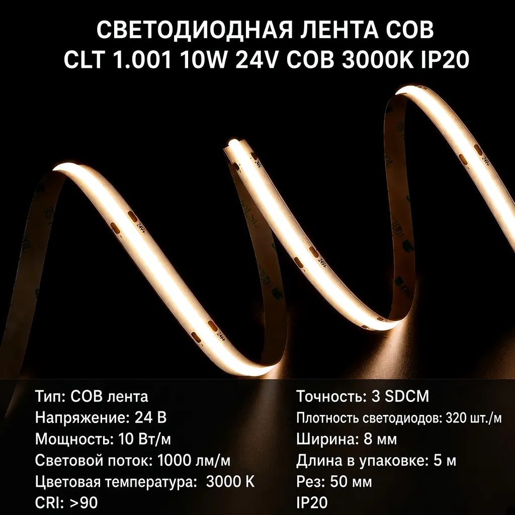 Светодиодная лента COB CLT 1.001 10W 24V COB 3000K IP20