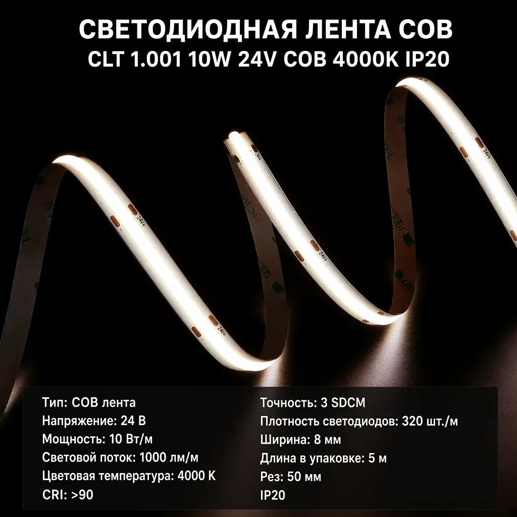 Светодиодная лента COB CLT 1.001 10W 24V COB 4000K IP20