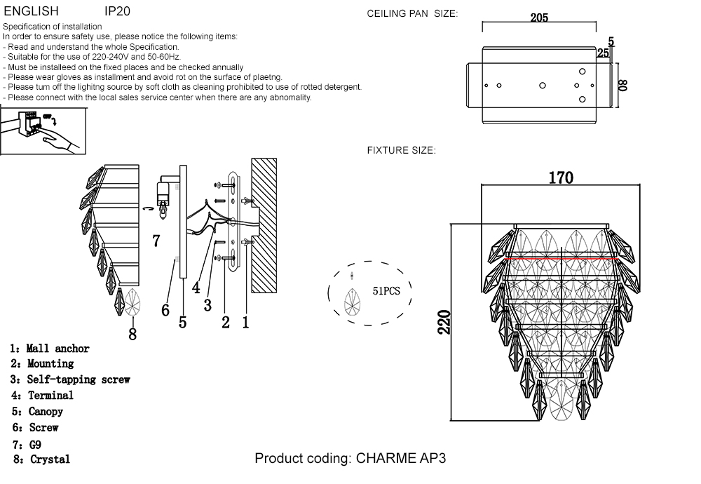 Бра crystal lux charme ap3 chrome/transparent